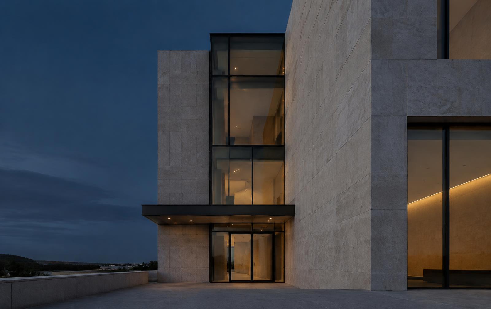Edificio in pietra e vetro al crepuscolo